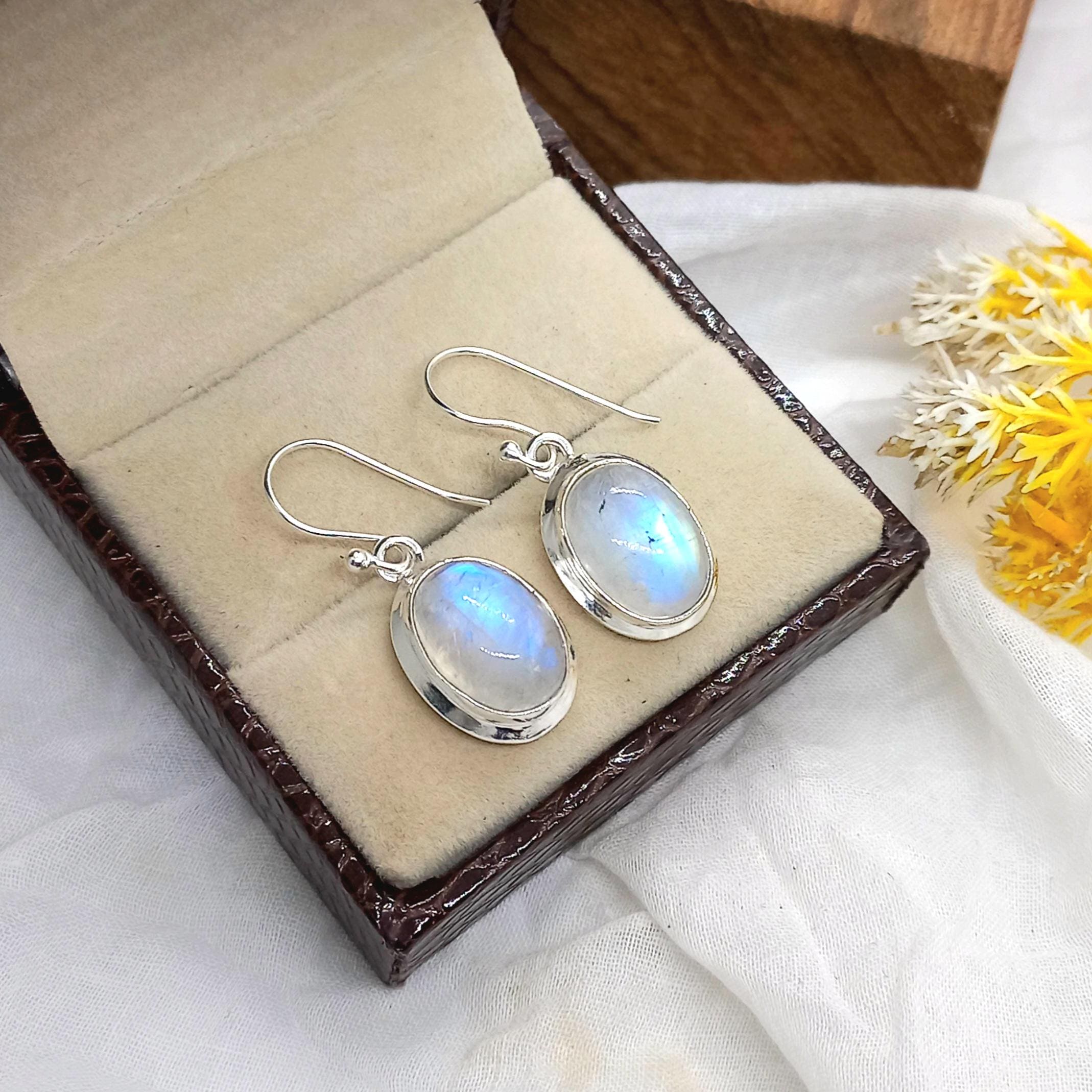 Very Tiny Rainbow Moonstone Marquise Dangle Earrings In 925 Sterling Silver – .75 TCW, Natural Gemstone, Blue Flash, Hook Fastening