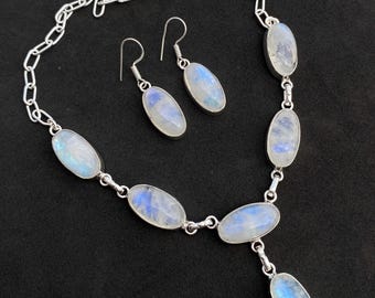 Rainbow Moonstone Jewelry Set: Sterling Silver Necklace & Earrings