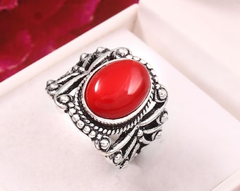 Red Coral Ring, 925 Sterling Silver Handmade Dainty Ring, Boho Jewelry Gift For Her