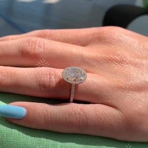 2 Carat Oval Cut Lab Diamond Halo Engagement Ring with Pave Band, 14K Solid Gold Halo Ring, Gold Anniversary Gift, Halo Ring For Her
