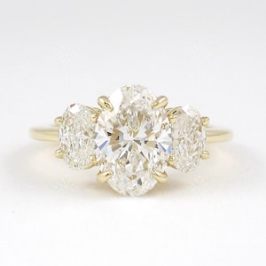 3 Carat Oval Cut Lab Diamond Trilogy Ring, Oval Three Stone Engagement Ring , 14k Gold Two Tone Triad Diamond Ring, Three Stone Ring