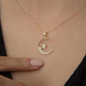 14K Solid Gold Moon and Star Pendant Necklace, Dainty Gold Pendant, Handmade Jewelry, Crescent Moon Charm Necklace, Minimalist Jewelry