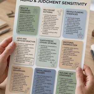 May include: A poster detailing ADHD and Judgment Sensitivity, with sections on judgment sensitivity, self-doubt, and people-pleasing tendencies. The poster is held by a person.