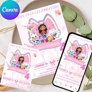 Gabbys Dollhouse Birthday Invitation Editable Gabby&#39;s Kids Birthday invite Pandy Template Editable Printable Canva Instant Download cats