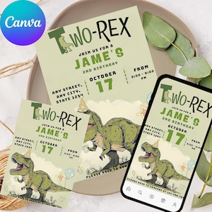 Dinosaur 2nd Birthday Invitation, Two Rex Birthday Party, Dinosaur Birthday Invite, Boy Second Bday Party, Editable Canva Template