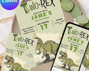 Dinosaur 2nd Birthday Invitation, Two Rex Birthday Party, Dinosaur Birthday Invite, Boy Second Bday Party, Editable Canva Template