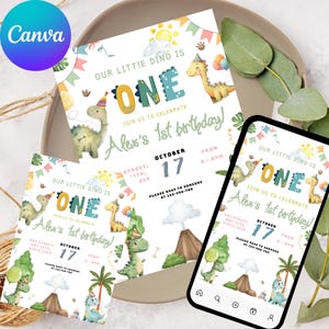 May include: Dino-themed birthday invitations with the text "Our Little Dino is ONE" and "Alex's 1st birthday!" displayed on paper and a smartphone. The invitations feature illustrations of dinosaurs, volcanoes, and palm trees, with a color palette of green, yellow, and blue.