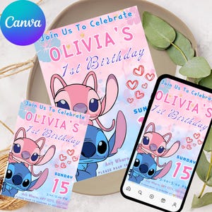 Stitch and Angel Birthday Invitation, Editable Stitch Birthday Invitation, Digital Party Invite, Stitch Birthday Party Invitation Printable