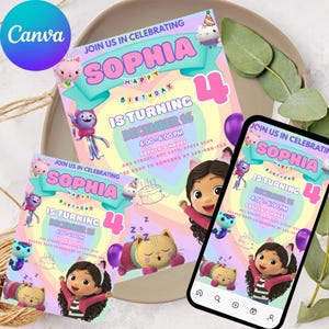 Gabbys Dollhouse Birthday Invitation | Editable Gabby&#39;s Kids Birthday invite | Pandy Template Editable Printable | Invite Instant Download
