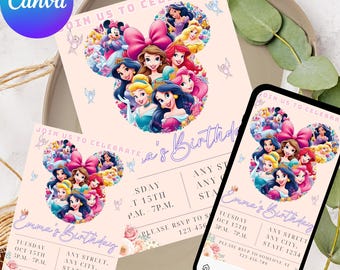 Editable Princess Birthday Invitation Princess Invitation Princess Party Invitation Girl Princesses Invitations Gold Pink Instant Digital