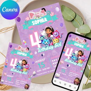 Gabbys Dollhouse Birthday Invitation Editable Gabby&#39;s Kids Birthday invite Pandy Template Editable Printable Canva Instant Download cats