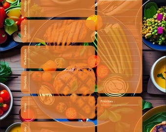 Puede incluir: Una plantilla de planificador de comidas con el texto This is My Meal Planner en la parte superior. Incluye secciones para mes, semana, notas y prioridades, con filas etiquetadas de lunes a domingo. El fondo muestra varios platos de comida.