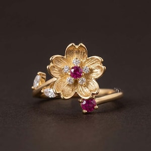 14K Gold Ruby Cherry Blossom Ring, Floral Cluster Ring, Round Lab Created Diamond Ring, July Birthstone Gift, Nature Inspired Botanical Ring
