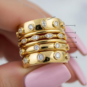 Ost nach West Lünette gesetzt Band, rund, Marquise & Smaragd Schnitt Moissanite Diamant Flush gesetzt Band, 14K Gelbgold Full Eternity stapelbare Band