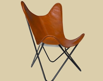 Handmade Leather Butterfly Chair, Mid-Century Modern Tan Lounge Seating