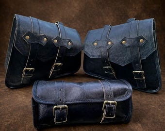 Handmade Leather Motorcycle Saddlebags, Vintage Bike Pannier Set of 3, Personalized