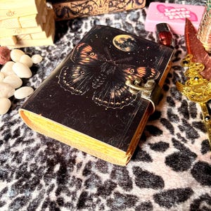 Full Moon Moth Leather Journal with Lock | Gothic Wicca Grimoire | Spell Book of Shadows | Deckle Pages | Witchcraft Gift | Gift for Him Her