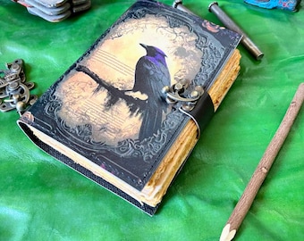 Antique Raven Leather Journal, Handmade Book of Shadows, Gothic Grimoire