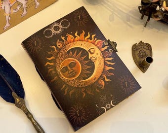 Handmade Leather Sun and Moon Journal, Deckle Edge Spell Book