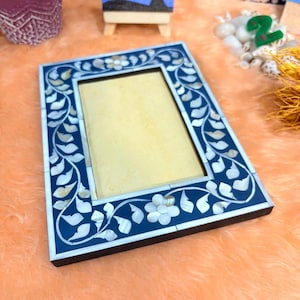 Mother of Pearl Inlay Photo Frame: Handcrafted Floral Navy Blue Wood