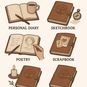 May include: An illustrated guide to a multipurpose leather journal, showcasing its uses as a personal diary, sketchbook, poetry book, scrapbook, spiritual notes, and gift. The journals are brown with a tree design. Text at the top reads "MULTUPURPOSE LEATHER JOURNAL".