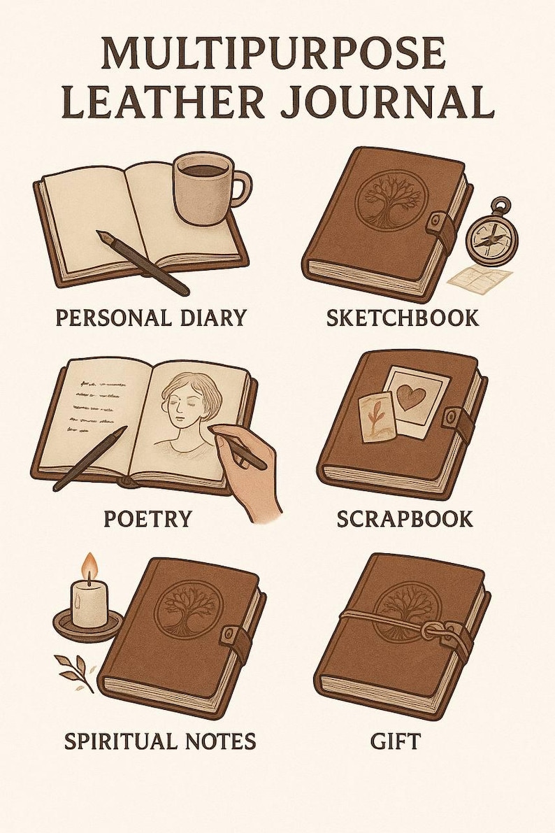 May include: An illustrated guide to a multipurpose leather journal, showcasing its uses as a personal diary, sketchbook, poetry book, scrapbook, spiritual notes, and gift. The journals are brown with a tree design. Text at the top reads "MULTUPURPOSE LEATHER JOURNAL".
