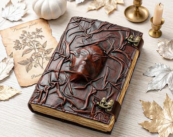 Sculpted Face Leather Journal: Handmade Gothic Grimoire with Deckle Edge Pages & Brass Clasp