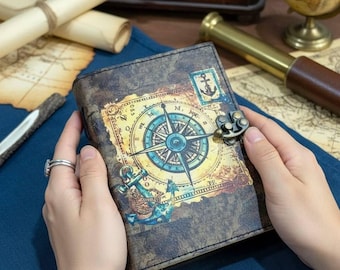 Vintage Leather Journal: Nautical Compass Design, Handmade Diary