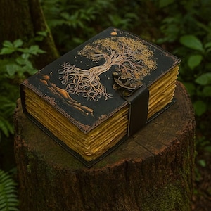 May include: A leather-bound journal with a tree of life design. The cover is dark with a gold-colored tree illustration. The pages have a golden hue, and the journal is secured with a leather strap and clasp. The journal is sitting on a tree stump.