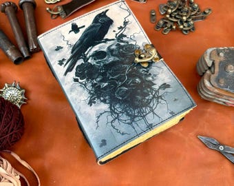 400 Pages Raven Skull Leather Journal, Vintage Embossed Grimoire, Book of Shadows