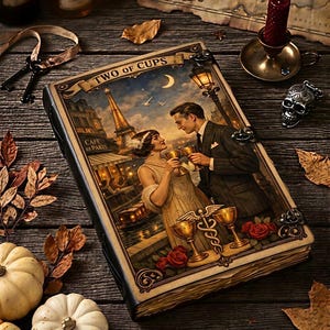 May include: A rectangular book with a dark cover featuring an illustration titled TWO OF CUPS. The artwork depicts a couple in formal attire holding golden cups in front of the Eiffel Tower in Paris, with red roses and a caduceus symbol below.
