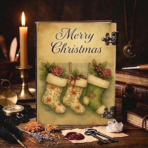 May include: A vintage-style journal with the words "Merry Christmas" on the cover. The cover features three Christmas stockings with floral patterns and faux fur trim. The journal is adorned with metal clasps and rests on a wooden surface with other festive items.