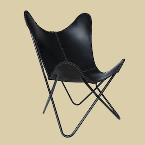 Handmade Black Leather Butterfly Chair: Mid-Century Modern Lounge Seating
