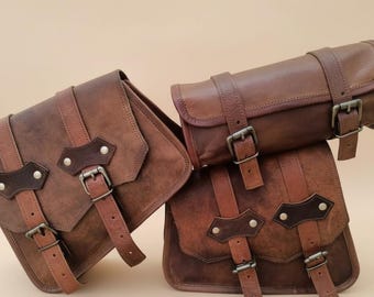 Handmade Leather Motorcycle Saddlebag Set – Vintage Brown Pannier Luggage (3 Bags)