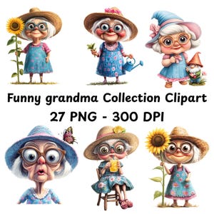 Grappige oma clipart PNG bundel, grootmoeder digitale kunst, humor oma graphics, afdrukbare grootouder kunst