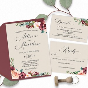 Invitation de mariage à l’aquarelle de Bourgogne et Blush, carte de réponse et ensemble de détails - PRINTABLE