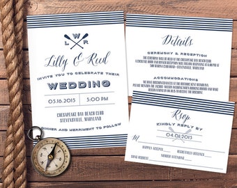 Nautical Navy and White Wedding Invitation and RSVP Card - Printable or Print Options