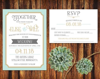 Wedding Invitation and RSVP Card - Mint and Gold Vintage Type  - Printable or Print Options