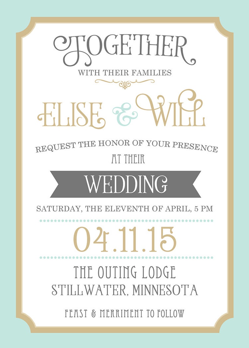 Wedding Invitation and RSVP Card Mint and Gold Vintage Type Printable or Print Options Etsy