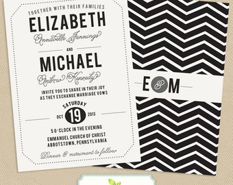 Chevron Wedding Invitation Double Sided Printable 5x7 Vintage Typographic Poster - Subway Poster