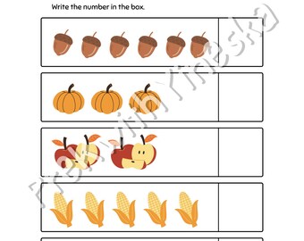 May include: A white worksheet titled "COUNTING TO 10" with instructions to write the number in the box. The worksheet includes illustrations of acorns, pumpkins, apples, corn, and pies for counting practice.