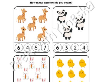 以下が含まれることがあります： 「Counting」というタイトルの白黒ワークシートで、「How many elements do you count?」という質問があります。ワークシートには、キリン、パンダ、ウサギ、ヒヨコのイラストが描かれており、それぞれに数字の選択肢があります。