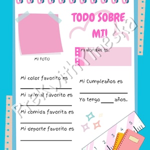 May include: A spiral-bound notebook page with the text "TODO SOBRE MI!" and fill-in-the-blank sections for personal information. Includes a pink sticky note, a ruler, and two small notebooks. The background is light blue.