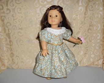 Doll fashion Period dress three tiers aqua gold color fits 18 in dolls like American Girl