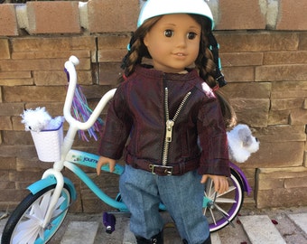 Girl power Motorcycle jacket faux leather wine color, jeans, boots fits 18 in doll like American Girl