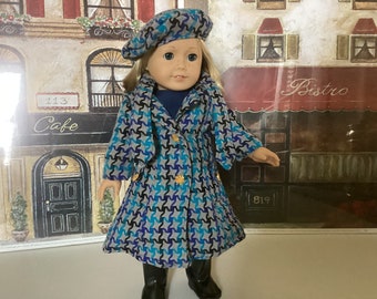 Classic Coat Beret and boots  blue plaid wool for American Girl doll and similar 18 inch dolls handmade