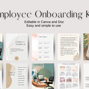 Könnte beinhalten: Ein Mitarbeiter-Onboarding-Kit mit dem Text "Employee Onboarding Kit" und "Editable in Canva and Doc Easy and simple to use". Das Kit enthält Vorlagen für Handbücher, Werte und Vorteile.