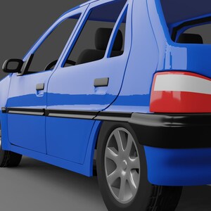 May include: A blue car with black trim and silver wheels. The car features a red and white taillight. The car is set against a grey background.