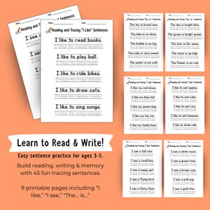 Op de afbeelding: Printbare educatieve werkbladen voor beginnende lezers. De pagina's bevatten zinnen om te traceren zoals 'Ik lees graag boeken' en 'Ik zie een lange man'. De werkbladen zijn ontworpen voor kinderen van 3-5 jaar en bevatten 45 traceerzinnen.
