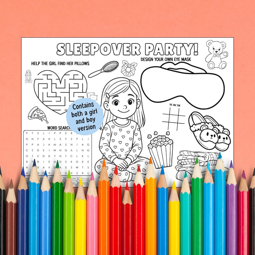 Sleepover Coloring Page, Kids Slumber Party Activity, Sleepover Craft ...